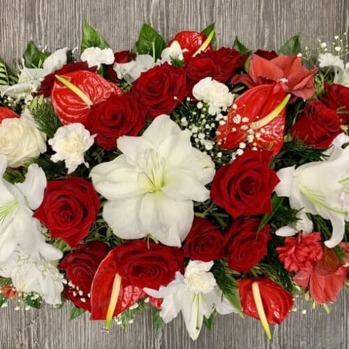 Composition florale de deuil Paix Royale avec fleurs rouges et blanches